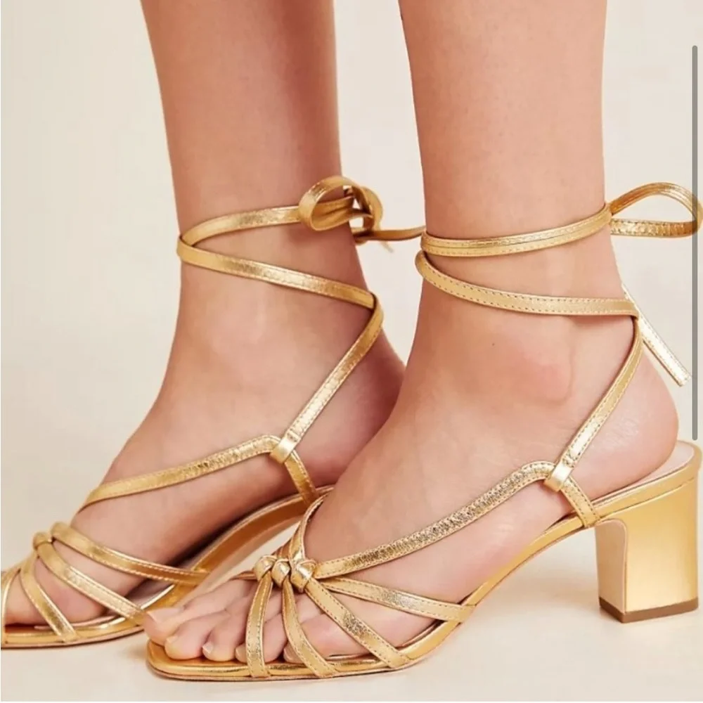 Loeffler Randall Metallic Gold Strappy Block Heel Sandals